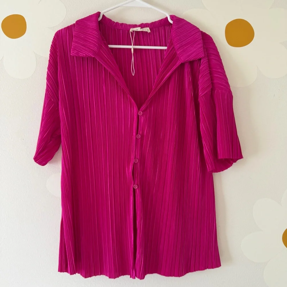 NWT Bohme New In Clara Hot Pink Satin Ribbed Pleated Wide Leg Matching Set